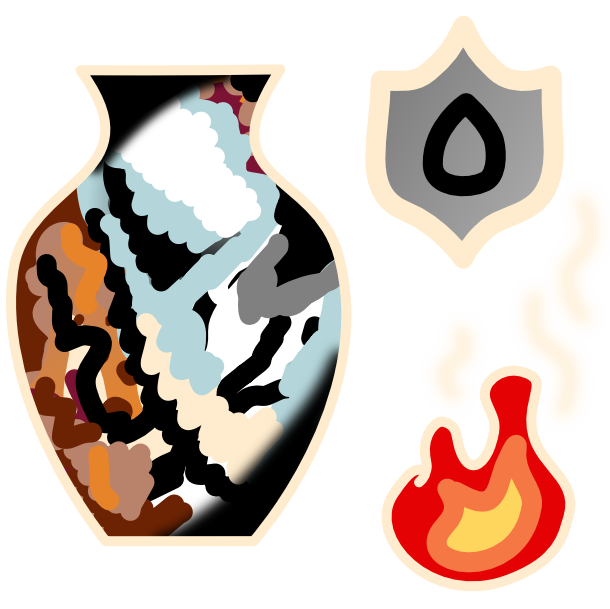 An image with light line art shows a vase composed of various browns, whites, black, and a pale blue, all mixed together abstractly. To the right of the vase is a fire with smoke lines above it, and a gray shield above that.